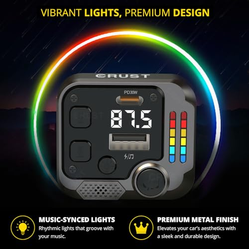 Image of CRUST CS60 Car Bluetooth Receiver Device for Music System, FM Transmitter, Big Mic for Hands-Free Calling, 45W PD /USB Fast Car Charger, BT v5.3, Music-Sync Lights, USB MP3 Playback, Metal Rim Design