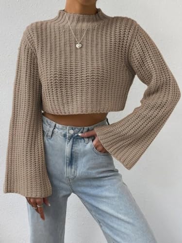 Horn-Sleeved Sweater Women's Crew Neck 2024 Fall Long Sleeve Pullover Knit Tops Solid Color Casual Sweater4