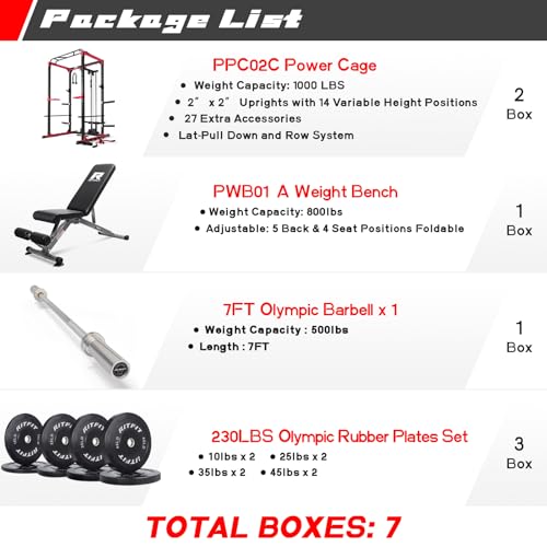 RitFit All-in-One Squat Rack for Home Gym, PPC02C Multi-Function 1000 LBS Capacity Power Cage with LAT Pulldown, Pulley System, Dip Bar, Landmine & More Power Rack Attachments, Package