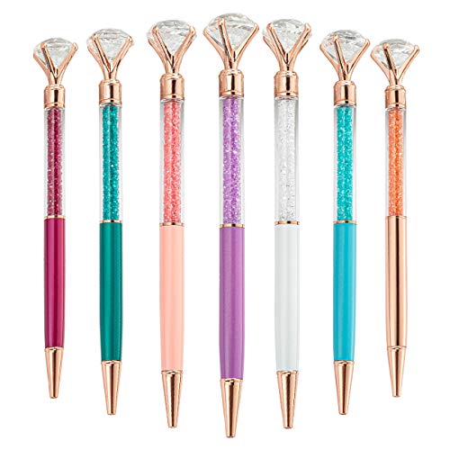 Pasisibick 7 Pcs Big Diamond Pens-Bling Wedding Crystal Metal Ballpoint Pens With Black Ink (7 Random Colors) #TOP8