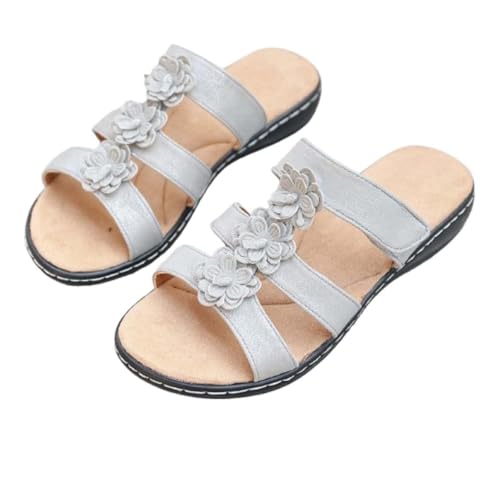 2025 Women's Floral-Embellished Slip-On Sandals, with Flowers Arch Support Slide Walking Sandals
