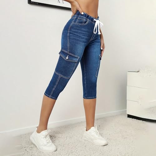 Capri Jeans for Women Stretch Drawstring High Waisted Cargo Jeans Comfy Skinny Denim Capris with Pockets4