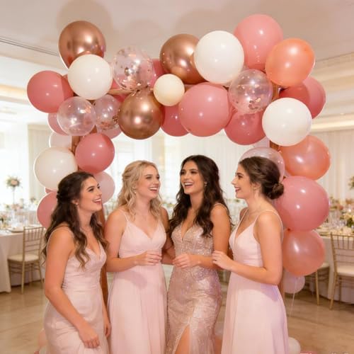 Image of 60Pcs Pink Rose Gold Balloons Kit 12 Inch Retro Pink Light Rose Gold Metallic Gold Ivory White Confetti Balloons for Birthday Wedding Bridal Shower Bachelorette Party Decorations Decor