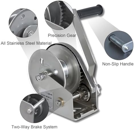 2600 lbs Hand Crank Winch - Heavy Duty 304 Stainless Steel Manual Gear Winch, Two-Way Self-Locking for RV Trailers, Boats, ATVs & Outdoor Activities