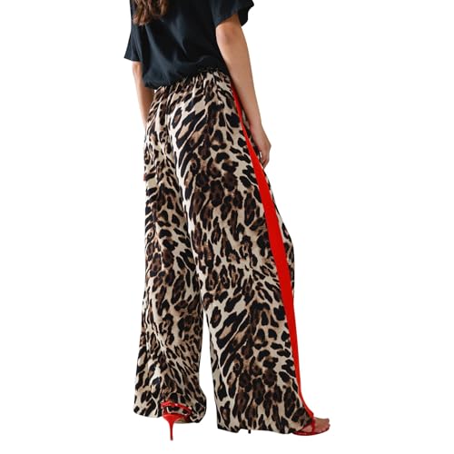 Leopard Print Pants for Women Cheetah Printed Side Striped Color Block Straight Leg Wide Leg Pant Drawstring Trousers2