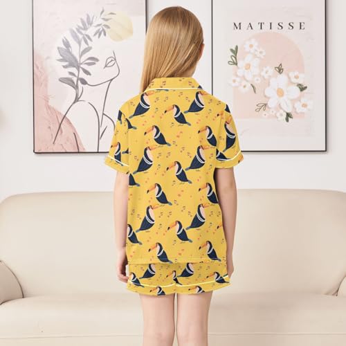 ALAZA Toucan Bird Yellow Satin Pajamas Set Short Sleeve Button Down Sleepwear Summer Pjs 2 Piece4