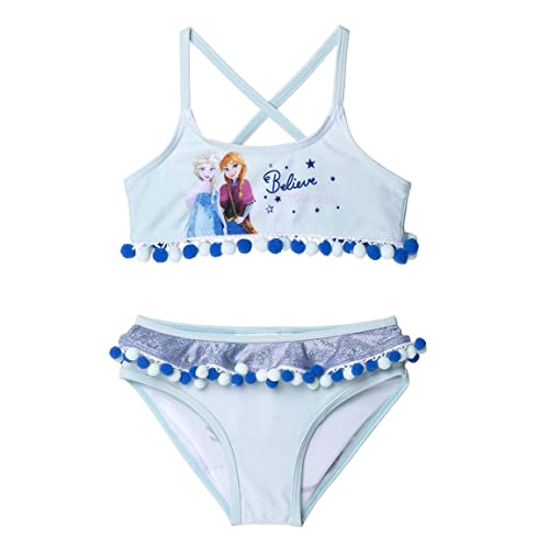 Bikini de Elsa para Niña - Color Celeste - Talla 4 Años - Tejido de Secado Rápido - Bikini con Cintura Elástica - Estampado de Elsa con Frase - Producto Original Diseñado en España