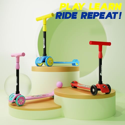 Image of Konex Kick Scooter for Kids (2+ Years) | 3 Broad Rubber Wheels for Smooth Ride | 4-Level Height Adjustable Handle | Foldable & Portable with Back Brake | Holds Up to 40 kg (Blue-Yellow)