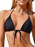 Womens Triangle Halter Solid Bikini Top String Swimwuit Bathing Suit Top Only(Black, M)