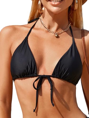 Womens Triangle Halter Solid Bikini Top Adjustable String Swimwuit Bathing Suit Top Only(Black,S)