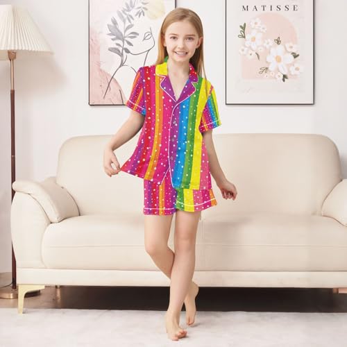 senya Rainbow Stripes Star Satin Summer Pajama Sets Silk Short Sleeve Button Down Sleepwear4
