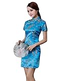 Cheongsam Dress for Women Qipao Slim Fit Short Sleeve Bodycon Mandarin Collar Side Slit Chinese Floral Print Dragon Dress (as1, Alpha, x_l, Regular, Regular, Blue Dragon)