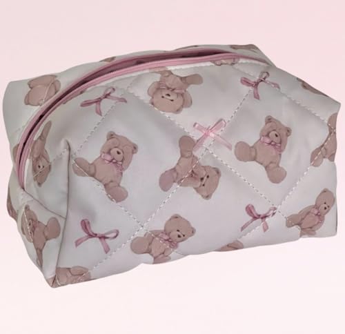 Teddy Bow Makeup Bag Set of 2, Cotton Quilted Bear Makeup Bags with Satin Pink Bows, Cute Girly Toiletry Pouch Set, Small Bag for Purse, Coquette Accessories, Aesthetic Gift Set for Women Teen Girls4
