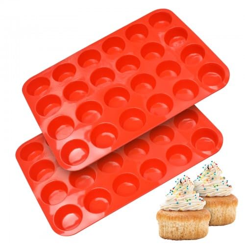 Naapesi 2 Piezas Mini Moldes de Silicona para Magdalenas, Bandeja de Horneado Antiadherente 24 Cavidades para Brownie, Muffins y Cupcakes, Apto para Lavavajillas, 32×22,5×2,5 cm (Rojo)