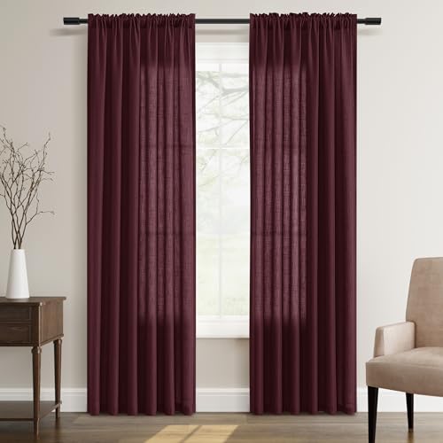 Guken Burgundy Linen Curtains 84 Inch Long for Living Room Rod Pocket