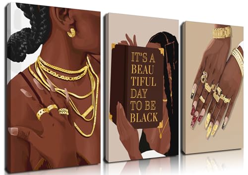 Marllifenney 3 Pcs Black Woman Wall Art Framed Black Girl Posters Abstract African American Canvas Prints Black Women Painting Decor Modern Boho Female Pictures for Bedroom Living Room Office 12x16in