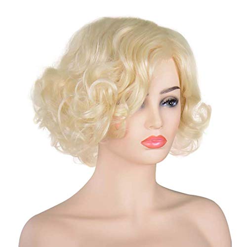 Classic Curly Wigs Adult Women Halloween Cosplay Party Short Blonde Curly Hair Loose Wavy Curl Flapper Golden Wig With Cap (Curly Wigs) #TOP1