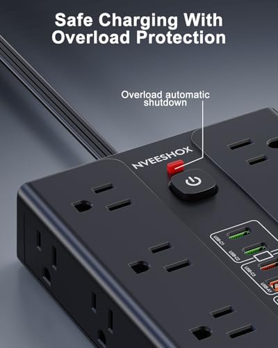Image of Surge Protector Power Strip with 16 AC Outlets 6 USB Ports(3 Type C), Thin Flat Plug 6.5 FT Extension Cord with Multiple Outlets, Outlet Extender with Surge Protection for Home, Office, Dorm