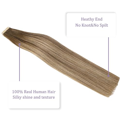 Sindra Tape in Hair Extensions 50g 14 Inch 20pcs Balayage Chocolate Brown to Caramel Blonde Tape in Silky Straight Remy Human Hair Extension#4/27/4 14" - Image 2