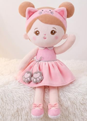 OUOZZZ Weiche Stoffpuppe 32cm, Baby Puppe ab 1 Jahr Katzen-Kuschelpuppe | süßes Katzenkostüm, rosa Plüschpuppe, schadstofffreie Materialien, ideales Mädchenspielzeug, tolles Taufge