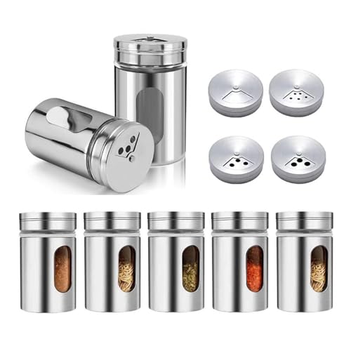 NIYATA 7 Stück Gewürzgläser mit Streueinsatz Rund,8CM Gewürzdosen Edelstahl,3 Streugrößen,Mit 1 Schwamm-Reinigungsbürste,Küchen Organizer,für Gewürze & Kräuterdosen(Silber)