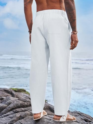 Runcati Calça masculina de algodão e linho, harem, praia, ioga, cordão, cintura elástica, casual, le
