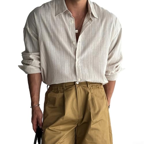 Sawhamale Camisa vintage a rayas con botones para hombre, manga larga, cuello abatible, casual, para vacaciones, fiestas, uso diario, negro (M beige)