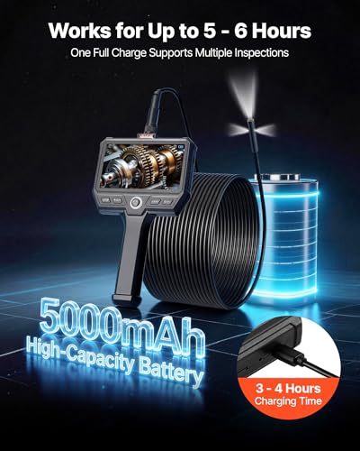 Image of VEVOR Triple Lens Endoscope with 32.8FT Newly Ultra-Rigid Cable, Industrial Borescope with Light, 5 inch HD IPS Screen, 8 + 2 Lights, 8X Zoom, 5000mAh, IP67 Waterproof Snake Camera for Auto, Plumbing