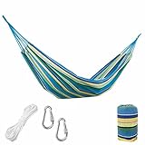 Hamaca Colgante para Jardin Exterior de 200x100cm y hasta 250kg Que Incluye mosquetones de Soporte y Bolsa de Transporte - Hamaca Tumbona de algodón Ligera Ideal para Viaje, Playa o Camping (Azul)