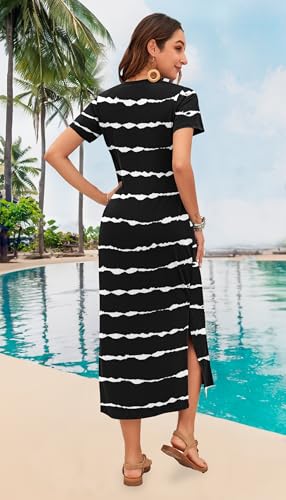 Image of MISFAY Womens Maxi Dress Short Sleeve V Neck Loose with Pockets | Soft stretchy breathable, v neck loose fit, side split hem, two side pockets, casual daily beach vacation travel dress