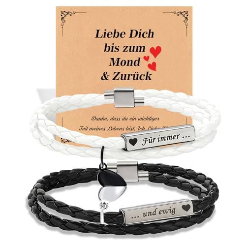 Magnetische Partner Armb&auml;nder mit Gravur, Verstellbare Doppelte PU Leder P&auml;rchen Paare Armband f&uuml;r Sie & Ihn, Fernbeziehung Couple Geschenke f&uuml;r Valentinstag Weihnachten Geburtstag Jubil&auml;um