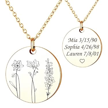 AMAZON - Anavia Multiple Birth Month Flowers Necklace Connection of Family and Friends, Personalized Floral Necklace, Customized Birthday Jewelry Gift for New Mom Sister Long Distance Couple Babyshower (Gold)