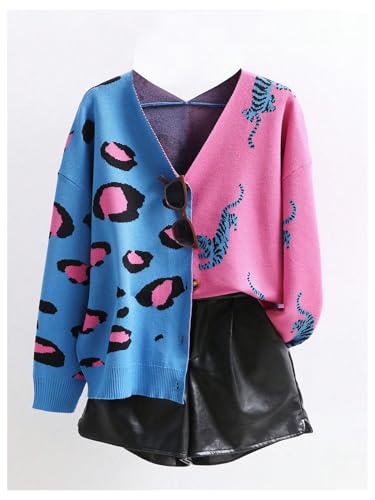 Image of WDIRARA Women's Leopard Tiger Print Cardigan V Neck Long Sleeve Color Block Button Down Sweater Outwear