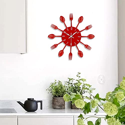Timelike Kitchen Wall Clock, 3D Removable Modern Creative Cutlery Kitchen Spoon Fork Wall Clock Mirror Wall Decal Wall Sticker Room Home Decoration (Red) #TOP6