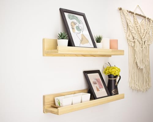 Image of Wooden Floating Wall Shelf for Home Decor | Solid Pine Wood Wall Mounted Shelf for Living Room, Bedroom & Office (Set of 2)