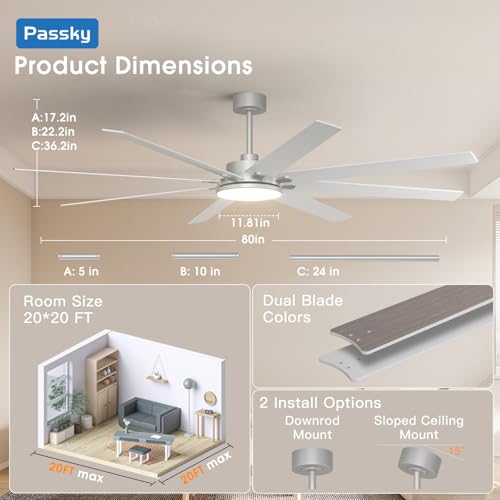 Image of 80 inch Ceiling Fans with Lights, Large Modern Ceiling Fan with Light and Remote Control, Reversible, Dimmable, 3CCT, Quiet, Nickel Ceiling fan For Bedroom Living Room Patio Farmhouse, Indoor /Outdoor