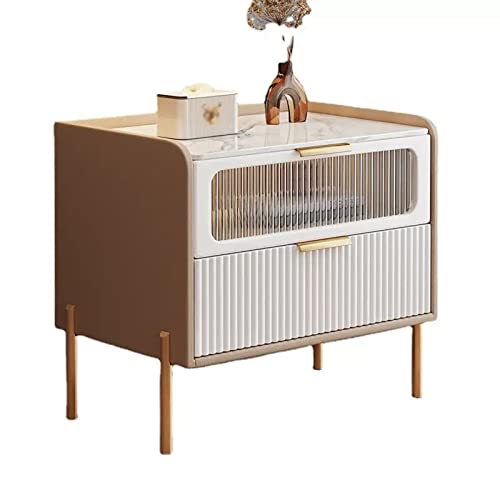 Comodino per camera da letto Comodino moderno con eleganti controsoffitti in lastre di roccia, comodini con porta decorativa in vetro (L40xP38xH50cm)