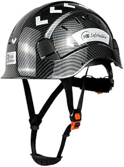 SAFEBUILDER Carbon Fiber Pattern Work-at-Height ABS Rescue Hard Hat Slotted Ventilated Helmet w/Adjustable Ratchet 6-Point Suspension ANSI Z89.1-14 (Bright Black Hat)