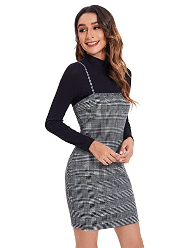 Verdusa Women's Spaghetti Strap Plaid Print Bodycon Cami Dress Grey S #TOP2