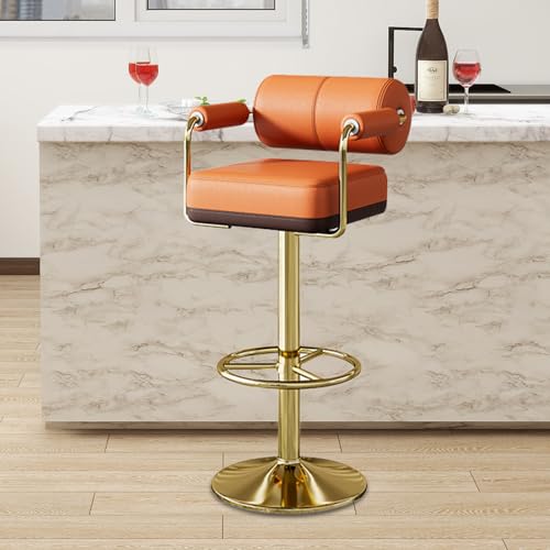 Butacos de Bar Set de 2, Cómodos Butacos Modernos con Tapizado en Cuero Sintético PU y Base de Metal, Asientos Giratorios con Respaldo y Reposabrazos para Comedor o Pub, Color Naranja miniatura 2