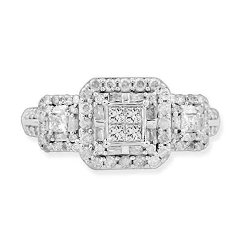 Jewelili 10K White Gold 1 Cttw Princess Cut Centre With Round And Baguette Shape Natural White Diamond Engagement Ring, Size 8 #TOP1