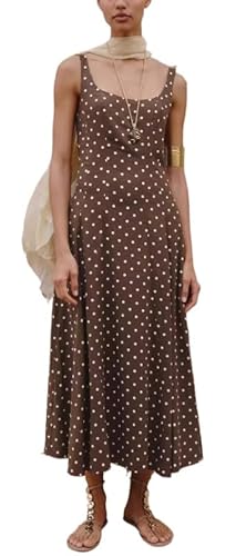 JOLILUNA Brown Polka Dot Midi Dress Elegant Square Neck Open Back Brown and White Polka Dot Dress (Medium)