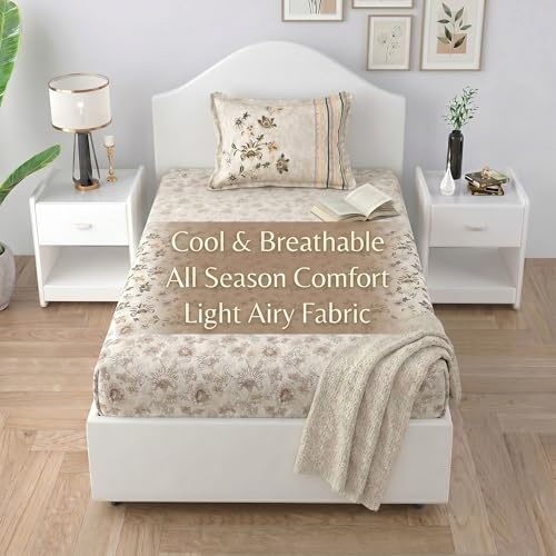 Image of Mafatlal 186 TC Spring Glory Graceful Pure Cotton Single Flatsheet (60 x 90 Inch) | Breathable Summer Comfort | Wrinkle-Free Floral Bedsheet with 1 Pillow Cover, Floral Beige