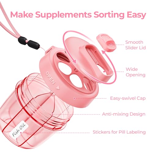 Image of AUVON Portable Pill Dispenser to Store 7 Various Supplements, Travel Pill Organizer Bottle with Anti-Mixing Design, Arthritis-Friendly Pill Container with Wide Opening & Slider Lid, 20 Blank Stickers