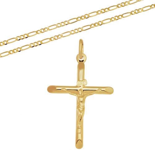 Yellow Gold Figaro Chain Necklace with Cross Jesus Pendant 333 8kt