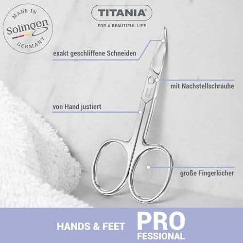 TITANIA Nagelschere Solingen (9,5cm) • Gebogene Schere • Extra scharfe Nagelschere • Professionelle Maniküre Schere aus Carbonstahl • Made in Germany (Solingen)