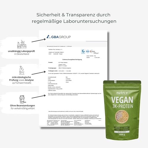 Nutri + Protein Pulver Vegan Vanilla Toffee 1 kg - 80% Eiweiß - 3k Proteinpulver Vanille Karamell - Eiweißpulver Low Sugar - 1000 g Eiweißshake