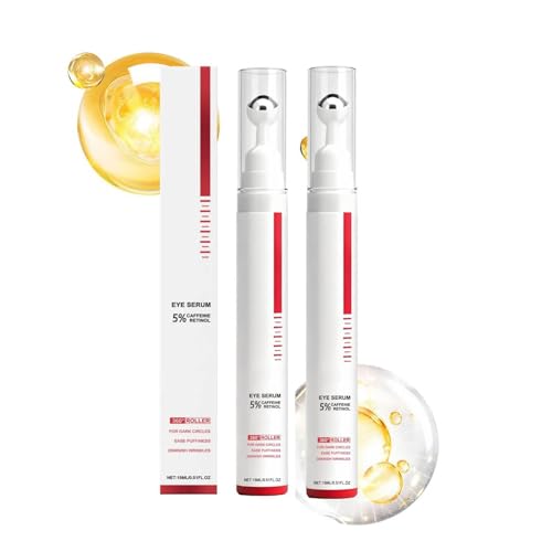 Sérum de ojos con retinol y cafeína, con rodillo de masaje de 360°, crema antiedad con cafeína para el contorno de ojos, hidratante y refrescante, para ojeras e hinchazón