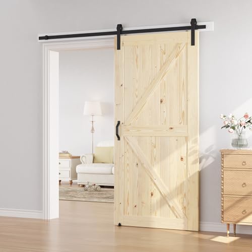 Image of SmartStandard 42in x 80in Sliding Barn Wood Door Pre-Drilled Ready to Assemble, DIY Unfinished Solid Spruce Wood Panelled Slab, Interior Single Door Only, Natural, K-Frame (Fit 7FT-8FT Rail)