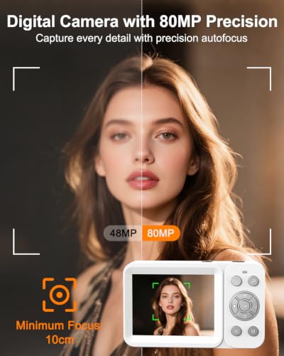 Image of Digital Camera, 5K 80MP Dual Screen, Auto Focus for Beginners Teens | Point and Shoot Camera with 18X Zoom, 32GB Card & 2 Batteries, Great Travel Vlogging Camera for YouTube, White